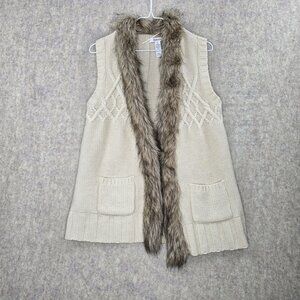 Style & Co Womens Faux Fur Trim Knit Sweater Vest Beige Small Acrylic Wool Blend